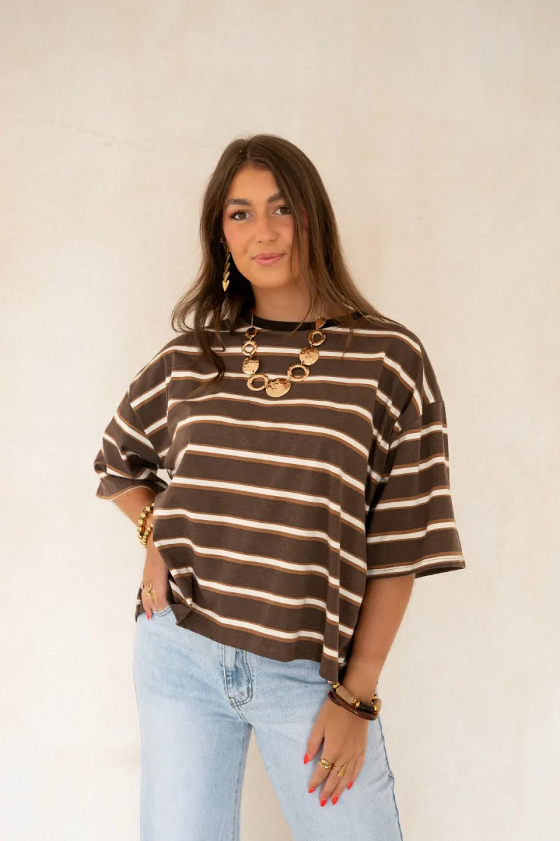 Open Back Stripe Shirt Brown~