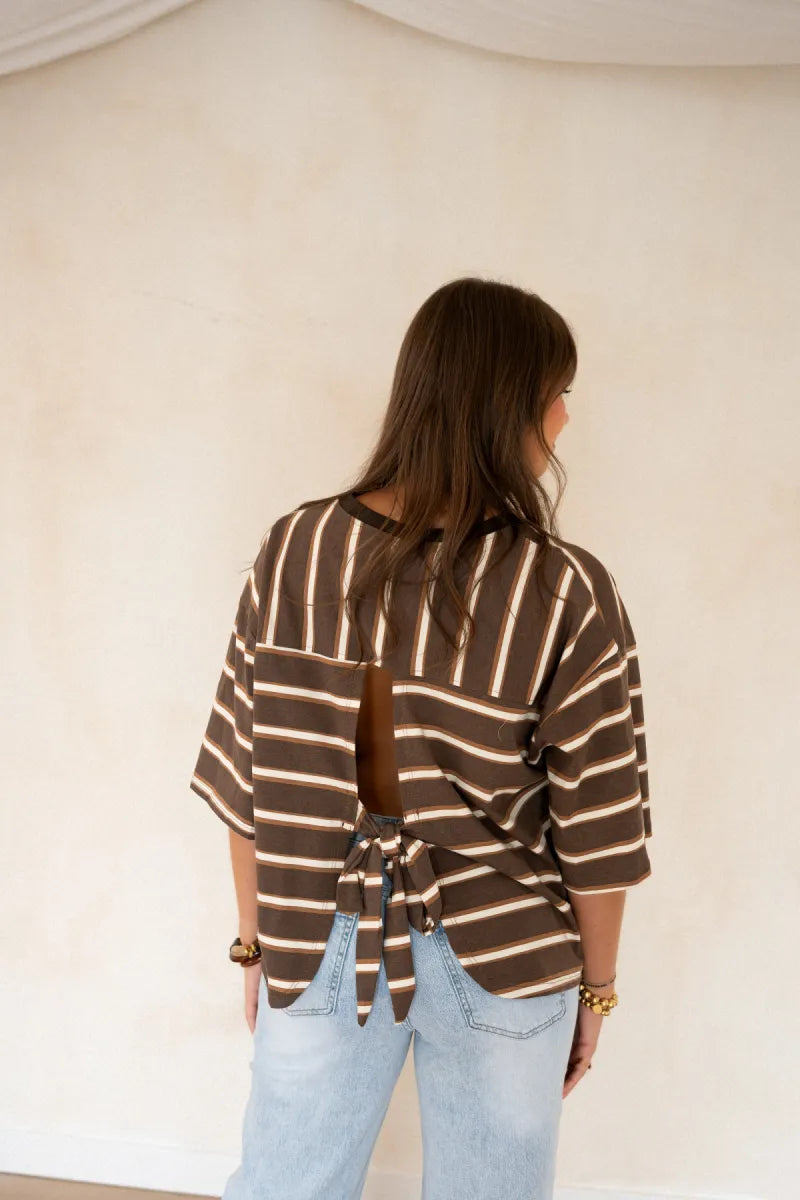 Open Back Stripe Shirt Brown~