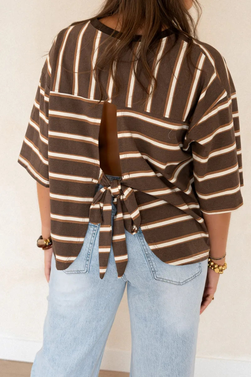 Open Back Stripe Shirt Brown~