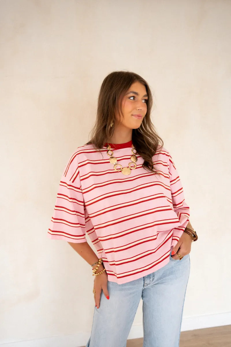 Open Back Stripe Shirt Pink-