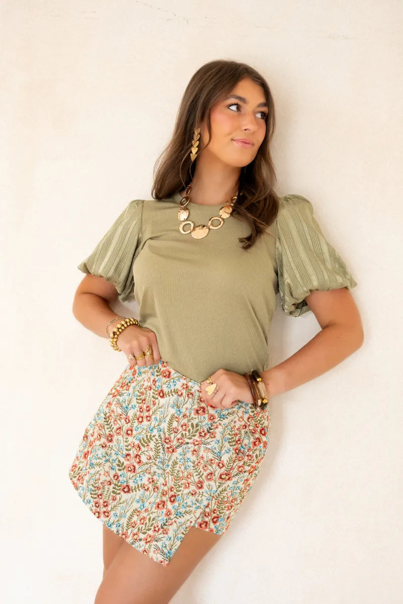 Lofty Manner Top Haya Constrast Puff Sleeve Kaki