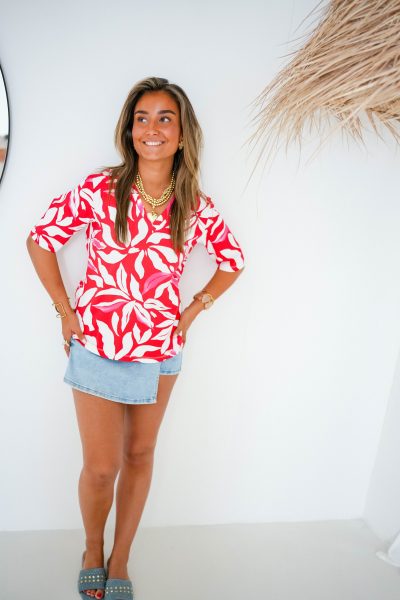 Mi Piace Shirt V Neck Flower Print Red - Afbeelding 3