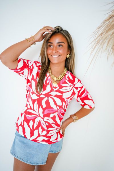 Mi Piace Shirt V Neck Flower Print Red