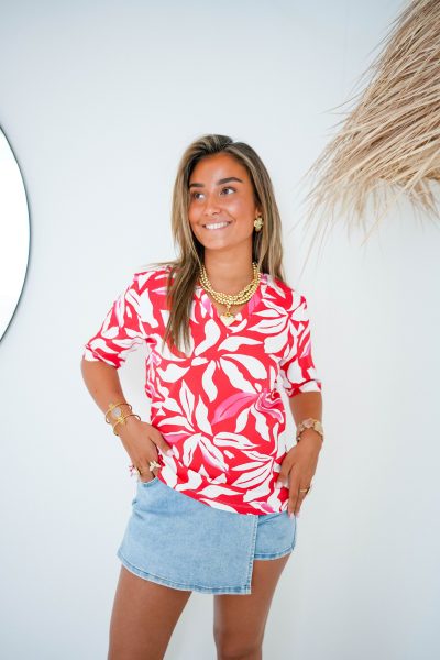 Mi Piace Shirt V Neck Flower Print Red - Afbeelding 4