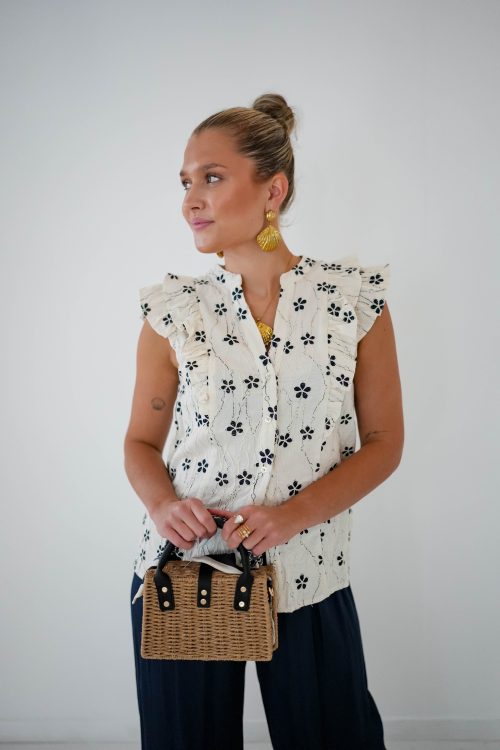 Dora Flower Top Black Offwhite