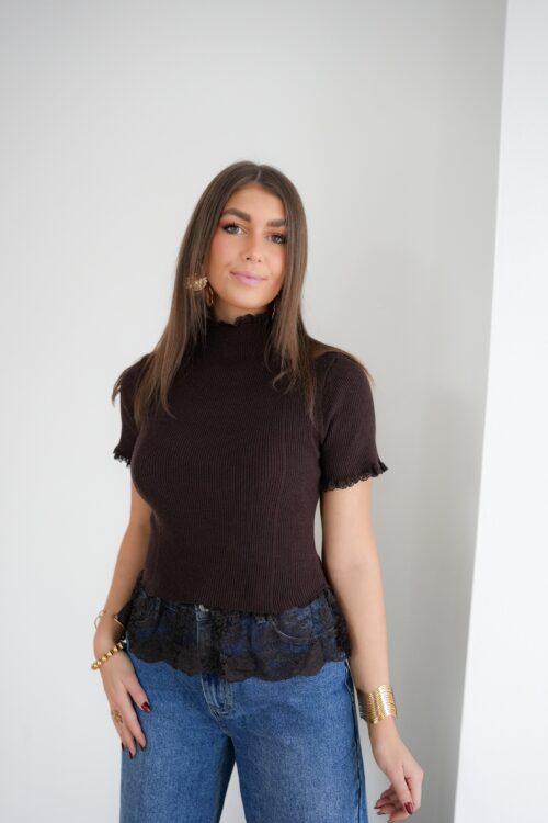 Renee Top Lace Detail Brown ^