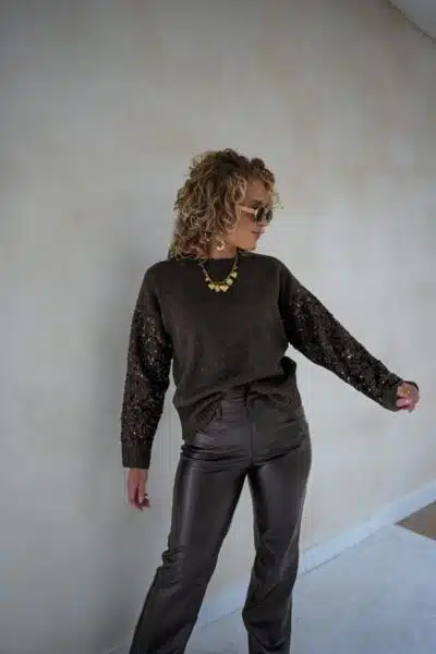 Choco Sweater Pailletten Sleeve - - Afbeelding 6
