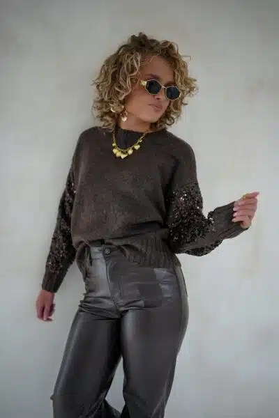 Choco Sweater Pailletten Sleeve - - Afbeelding 4