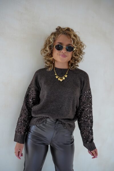 Choco Sweater Pailletten Sleeve - - Afbeelding 3