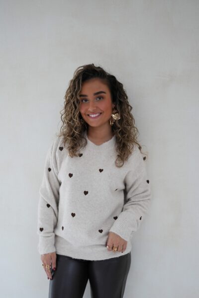 Brown Hearts Sweater Beige - - Afbeelding 4