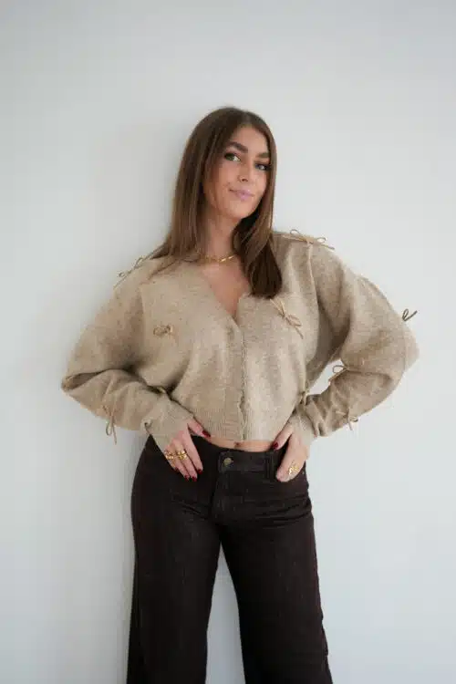 Alia Bow Cardigan Taupe ^