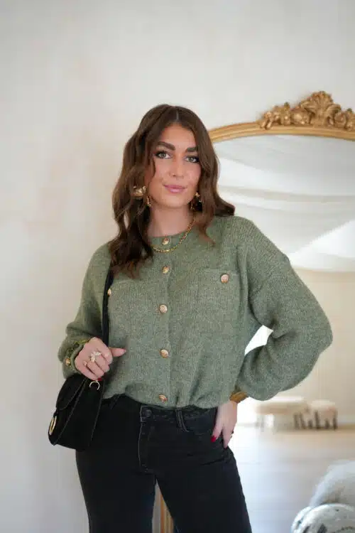 Alternative view of Juul Cardigan Gold Detail Khaki .