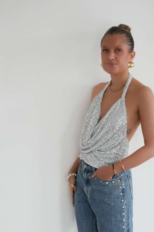 Pailletten Halter Top Silver ^
