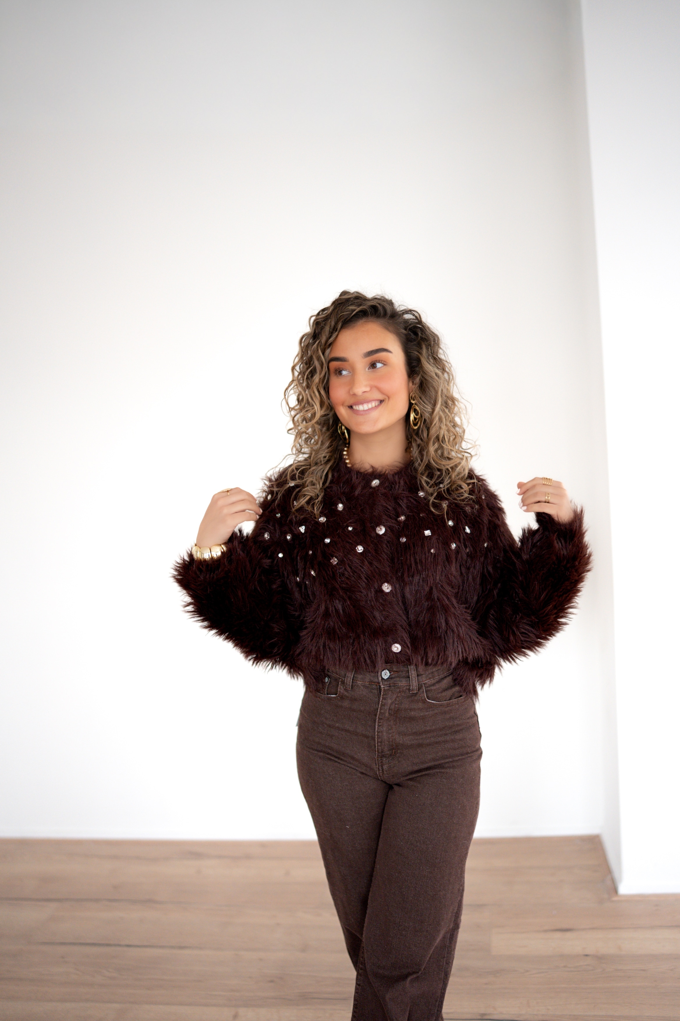 Fluffy Cardigan Stones Brown - - Afbeelding 4