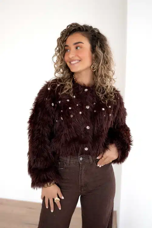 Fluffy Cardigan Stones Brown -