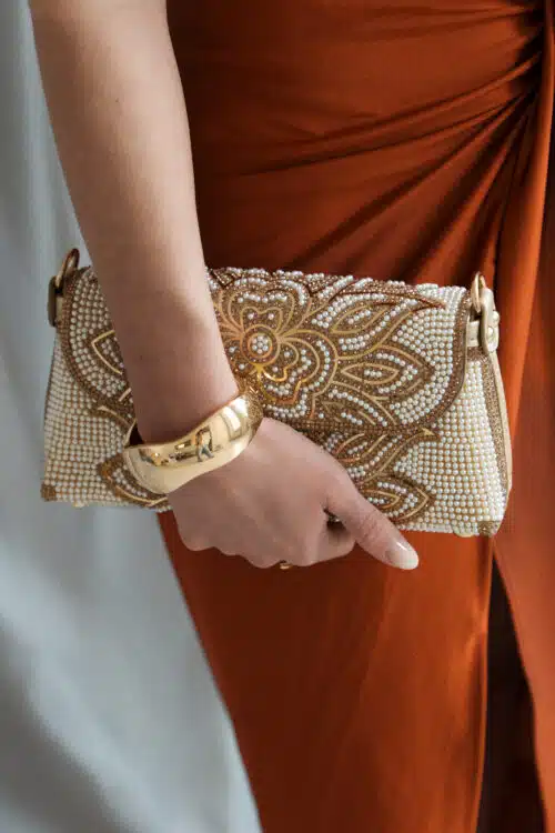 Evie Pearl Stone Flower Bag Gold