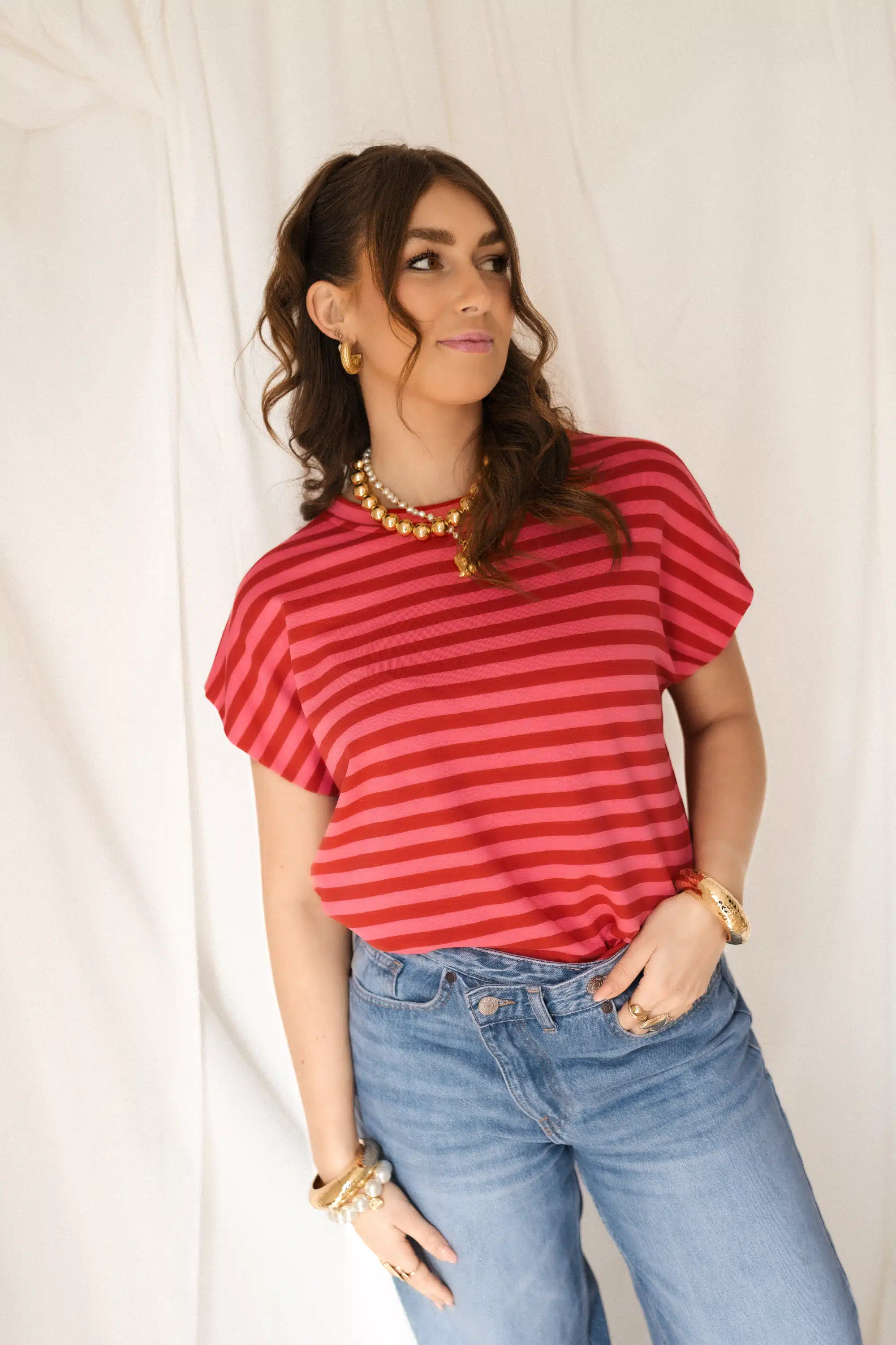 Simone Stripe Top Red Pink