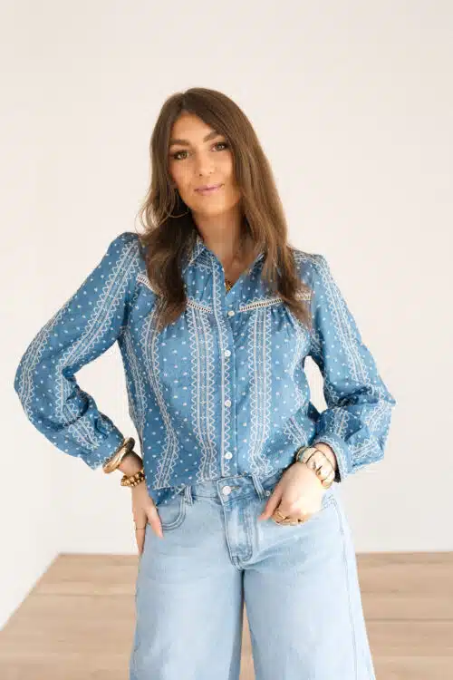 Emy Emroidery Blouse Jeans Blue*