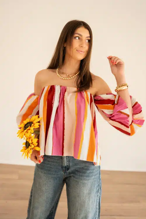 Alternative view of Pien Offshoulder Stripe Blouse Happy Print*