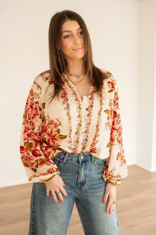 Amelie Flower Blouse Khaki Red |