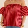Rian Stripe Off-Shoulder Blouse Coral Red
