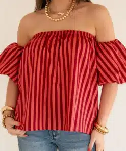 Rian Stripe Off-Shoulder Blouse Coral Red