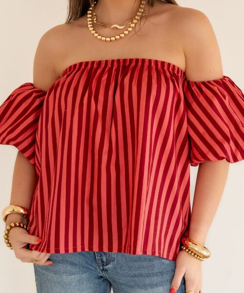 Rian Stripe Off-Shoulder Blouse Coral Red