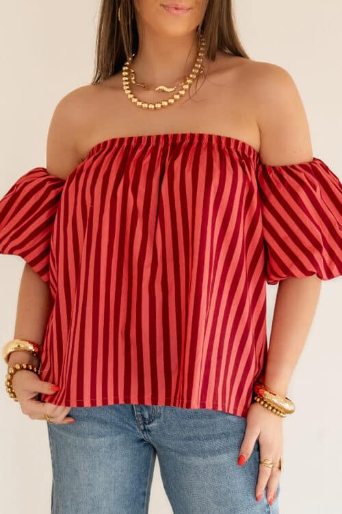 Rian Stripe Off-Shoulder Blouse Coral Red