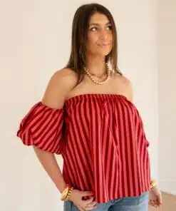 Alternative view of Rian Stripe Off-Shoulder Blouse Coral Red