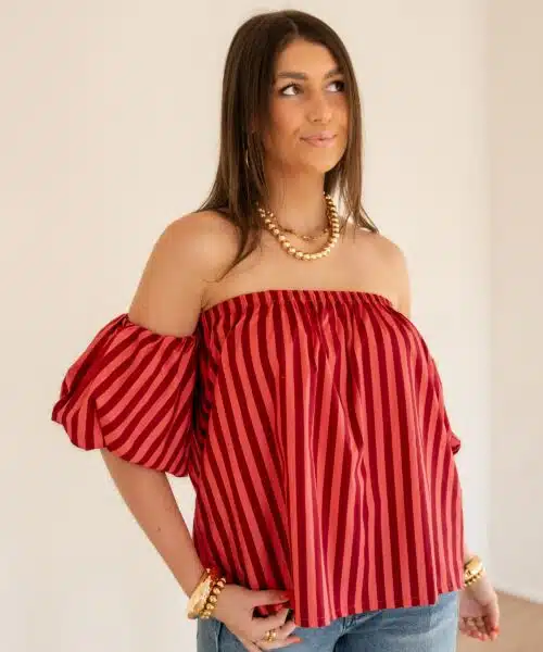 Alternative view of Rian Stripe Off-Shoulder Blouse Coral Red