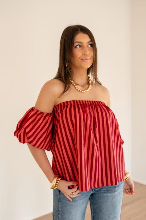 Alternative view of Rian Stripe Off-Shoulder Blouse Coral Red