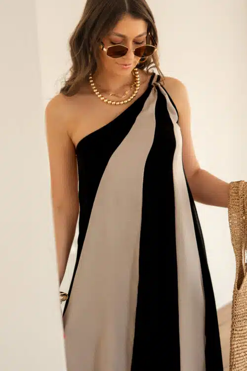 Liyah Dress Asymmetrical Print Beige Black