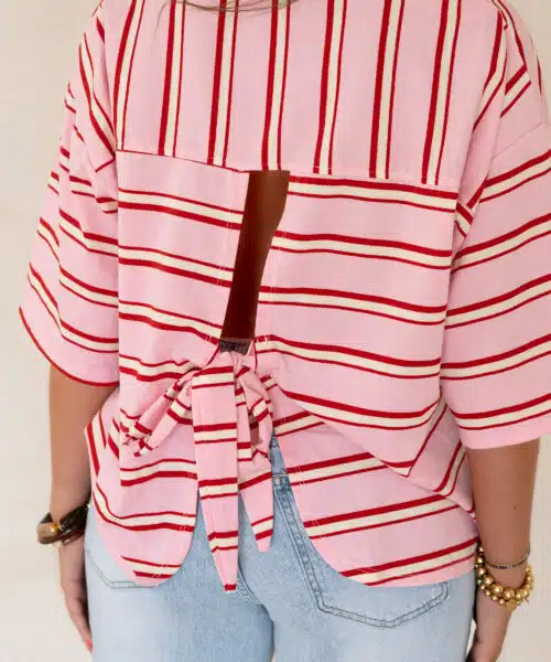 Open Back Stripe Shirt Pink-