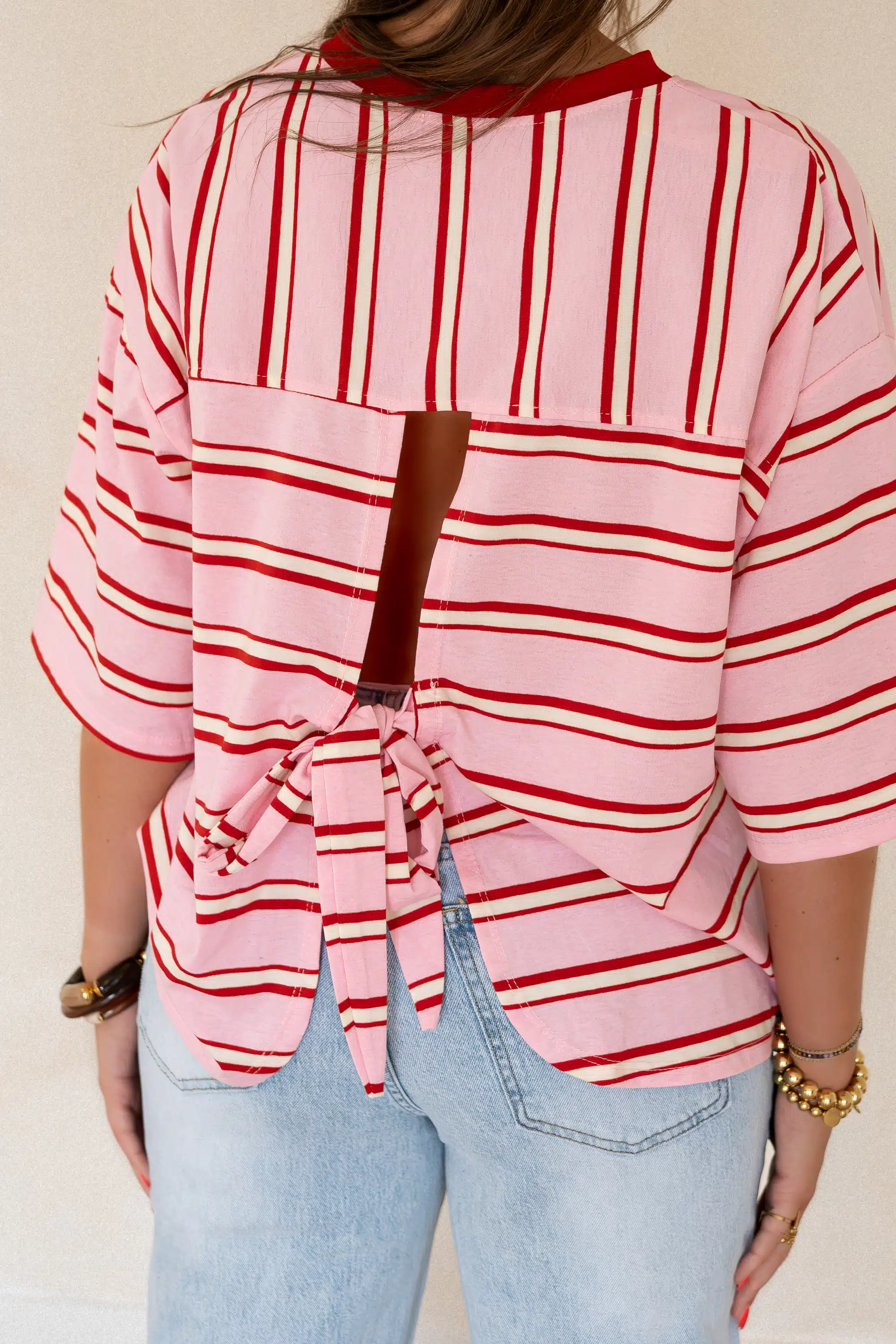 Open Back Stripe Shirt Pink-