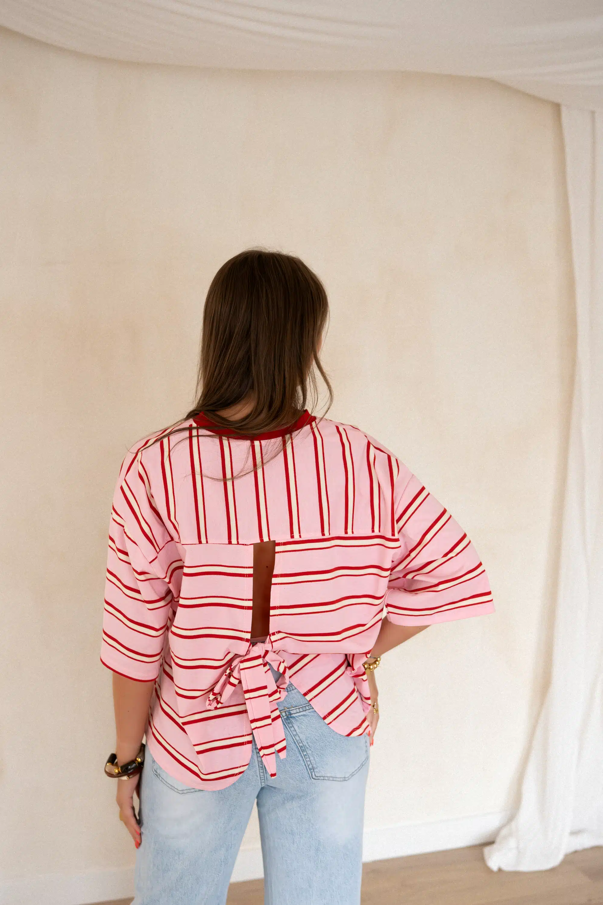 Open Back Stripe Shirt Pink- - Afbeelding 3