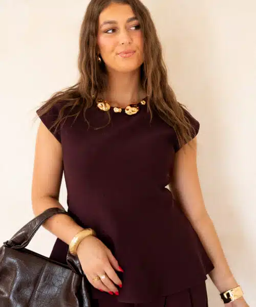 Gold Detail Peplum Top Bordeaux ~
