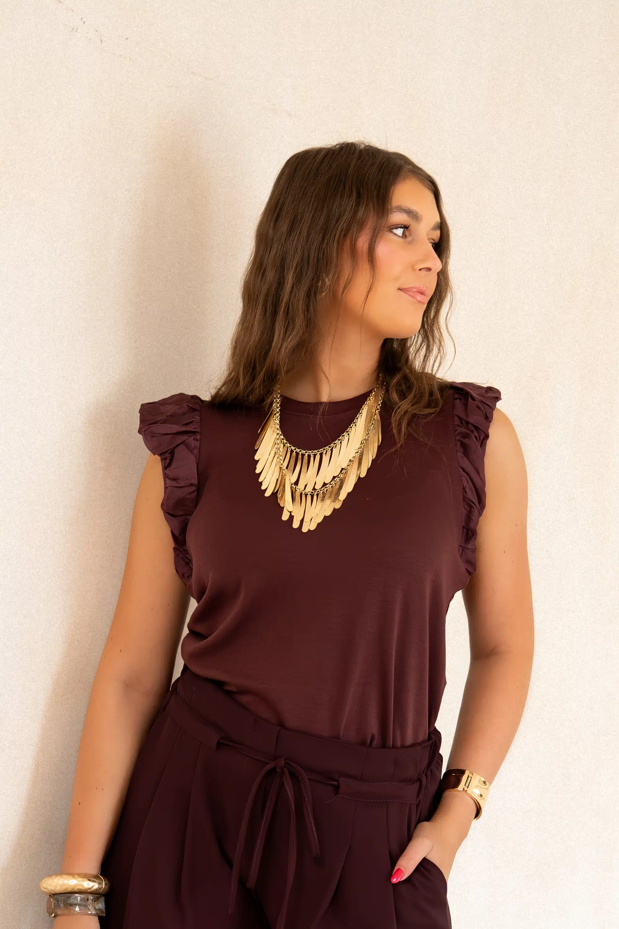 Juun Ruffle Top Bordeaux . - Afbeelding 4