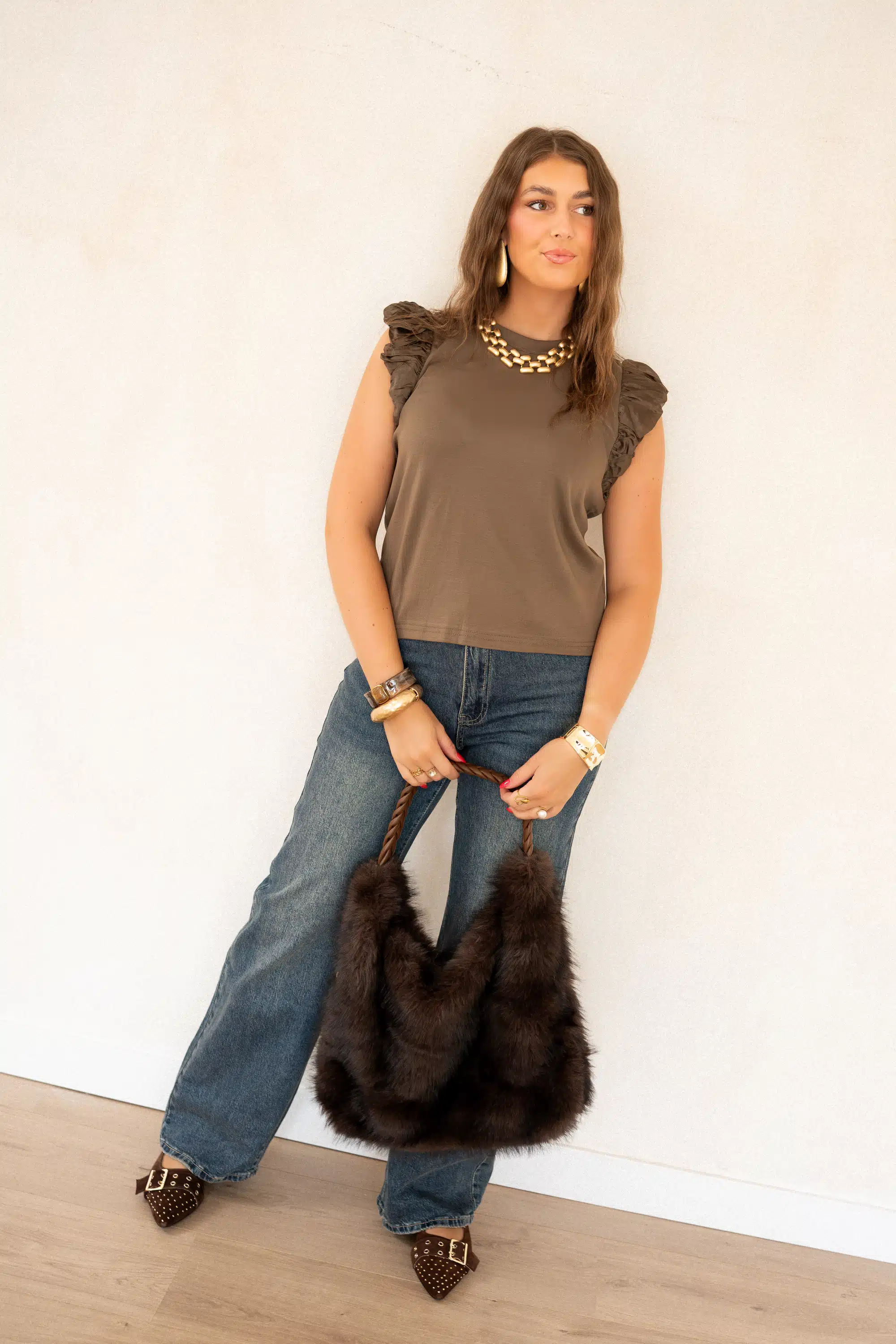 Juun Ruffle Top Khaki . - Afbeelding 3