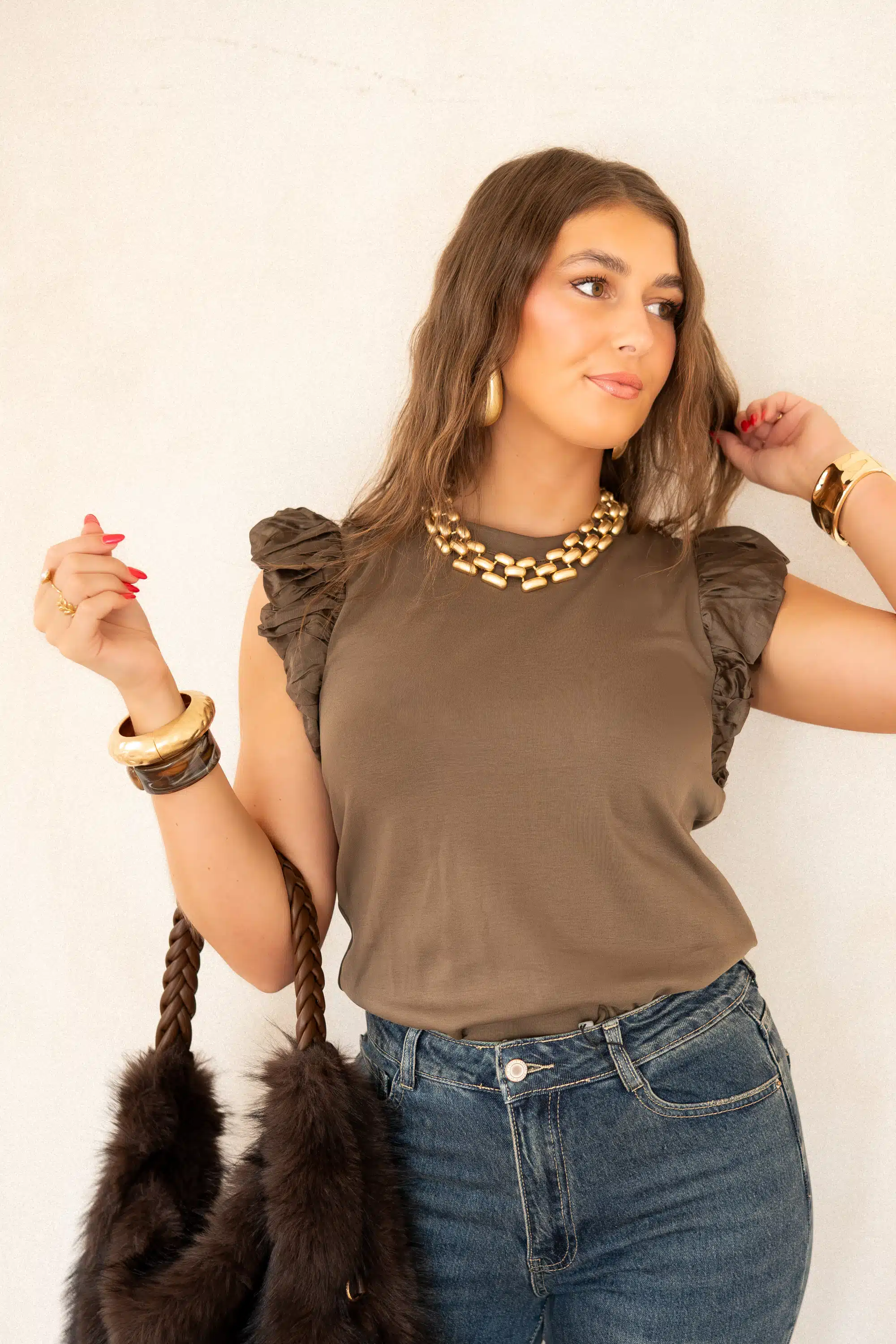 Juun Ruffle Top Khaki .