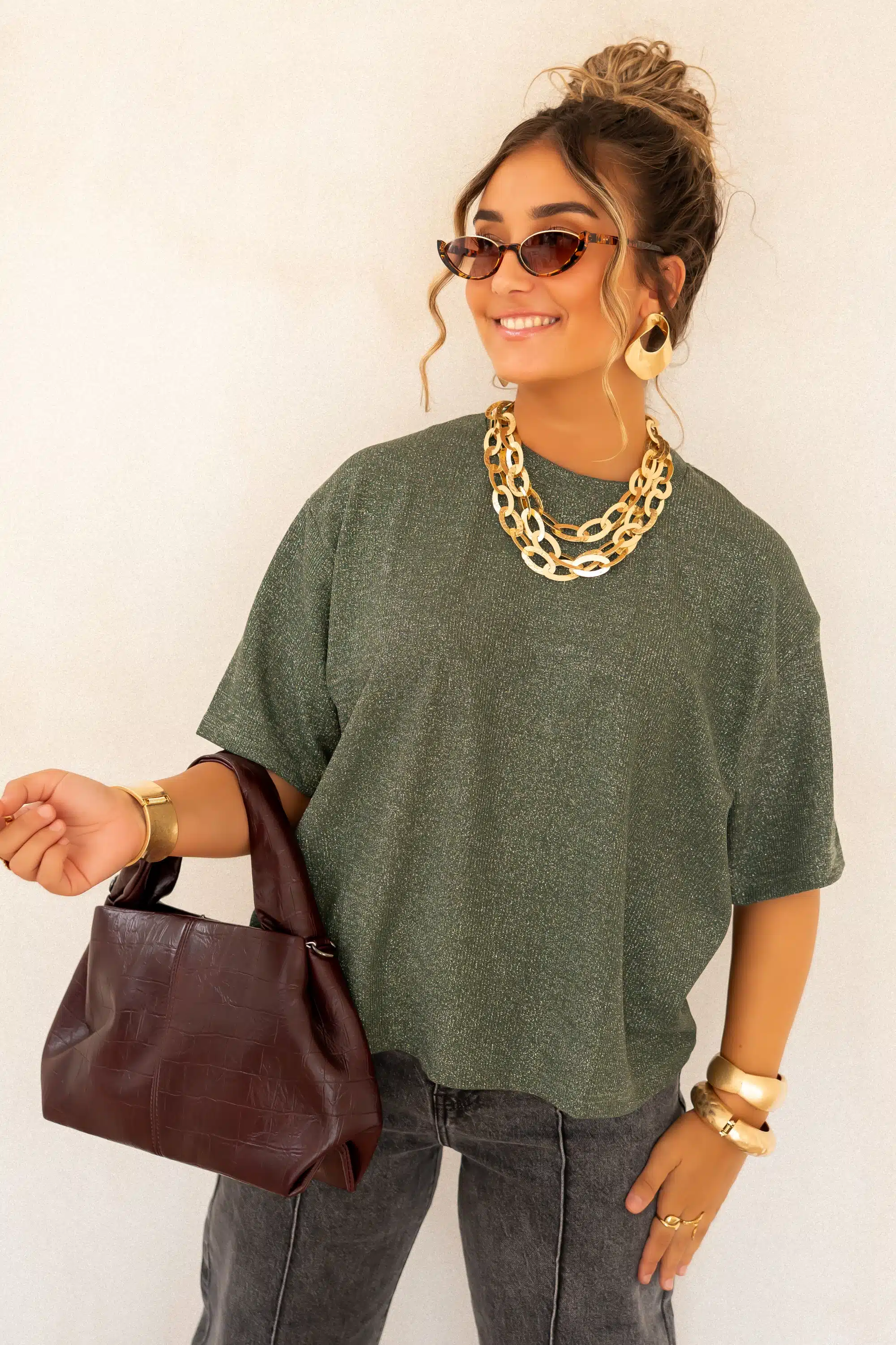 Aya Glitter Top Khaki | - Afbeelding 4