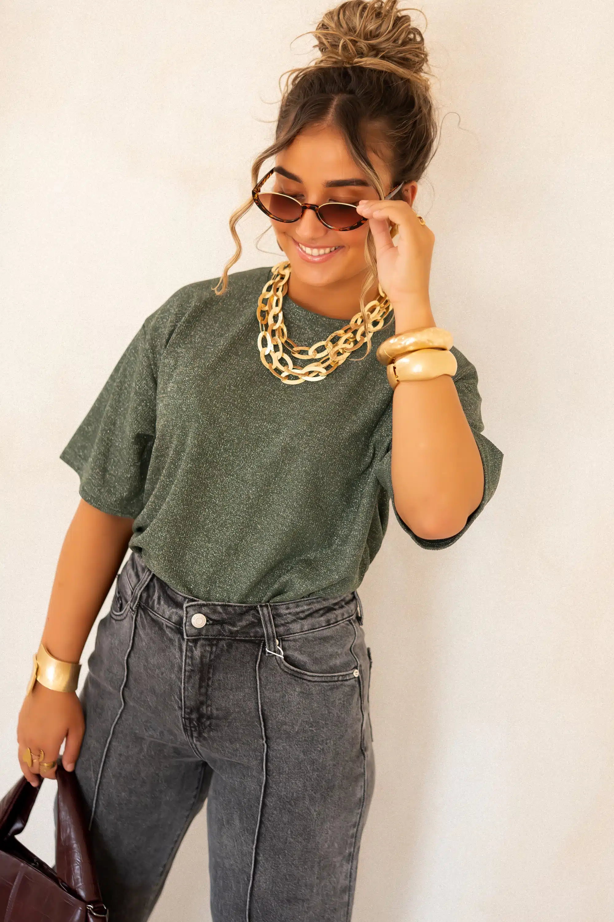 Aya Glitter Top Khaki | - Afbeelding 5