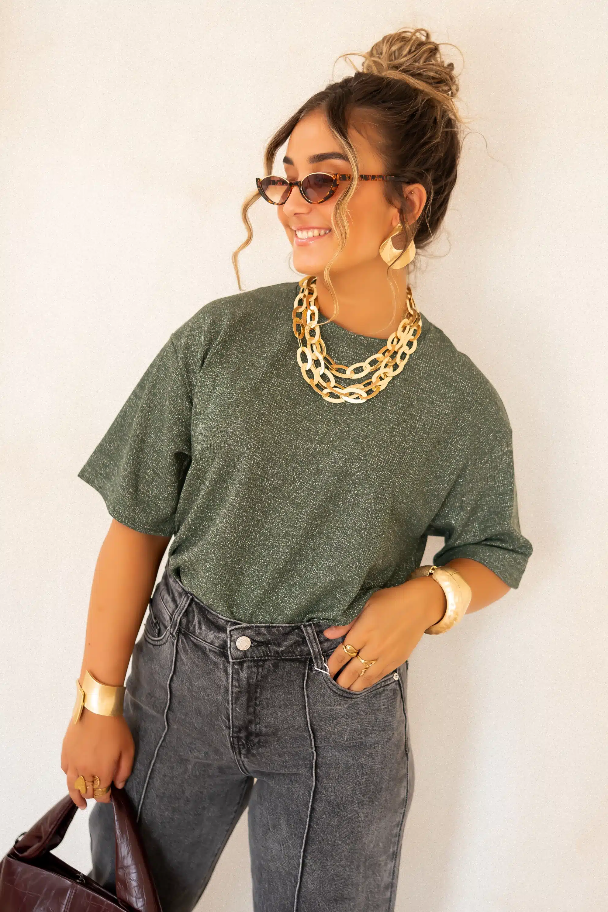 Aya Glitter Top Khaki |