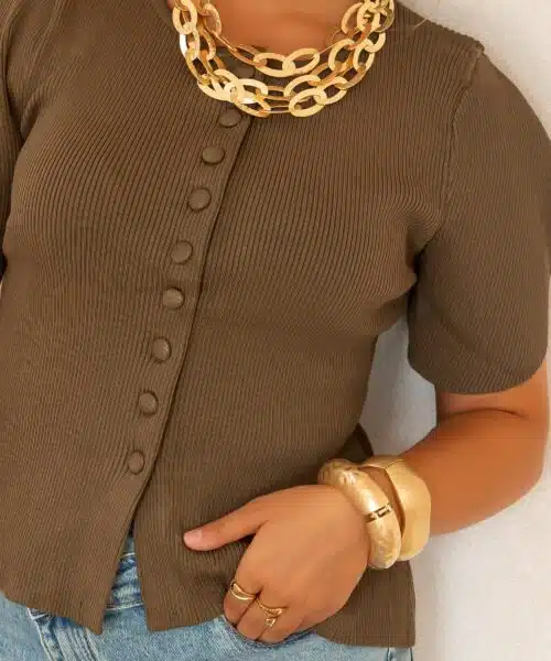 Elle Button Top Brown | - Afbeelding 5