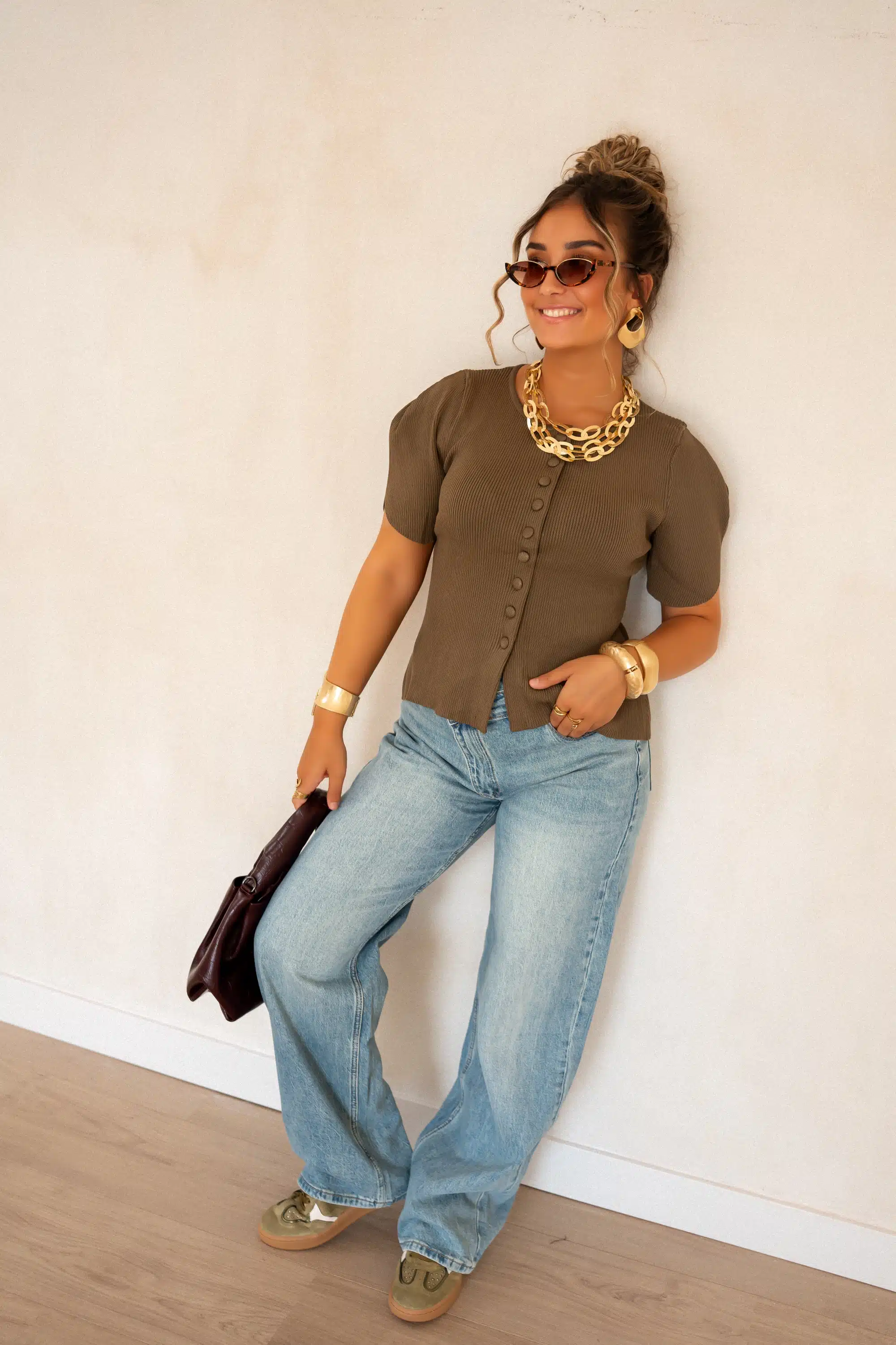 Elle Button Top Brown | - Afbeelding 3