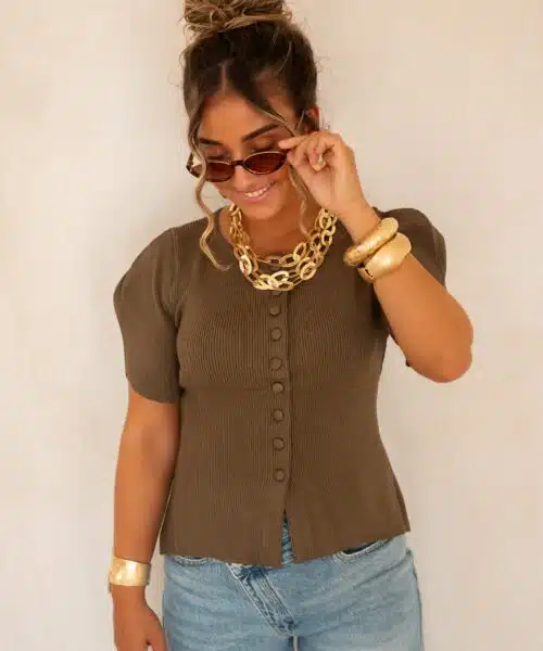 Elle Button Top Brown | - Afbeelding 4