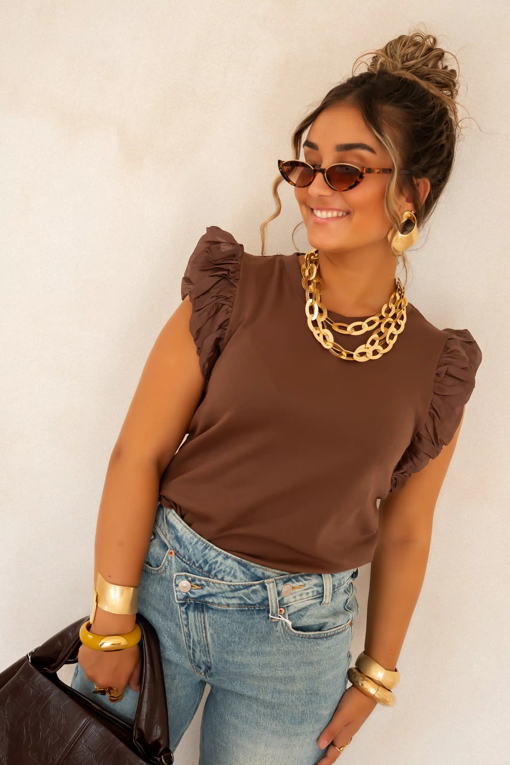 Juun Ruffle Top Brown . - Afbeelding 4